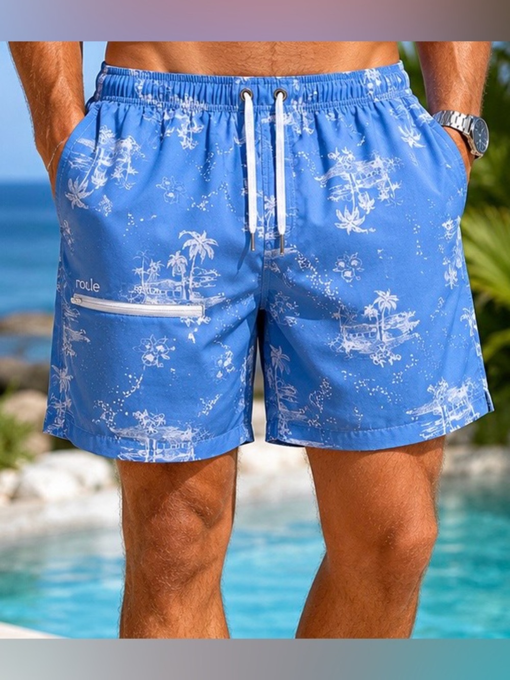 Nonwe Light Blue Palm-Print Men’s Swim Board Shorts XL 40 Waist